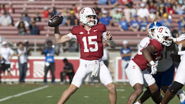 Sep 27, 2025; Stanford, California, USA;  Stanford Cardinal quarterback Ben Gulbranson (15) throws the ball during the first quarter against the San Jose State Spartans at Stanford Stadium. Mandatory Credit: Stan Szeto-Imagn Images

