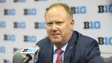 Oct 9, 2025; Rosemont, IL, USA;  Wisconsin head coach Greg Gard speaks during Big Ten Men’s Basketball Media Days at the Donald E. Stephens Convention Center. Mandatory Credit: Talia Sprague-Imagn Images