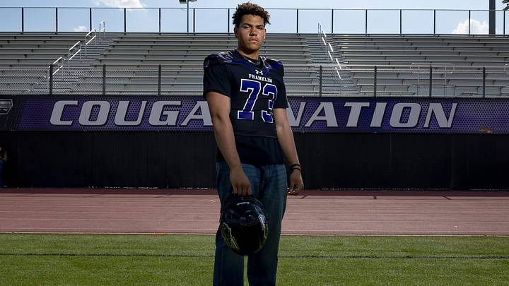 Franklin’s offensive lineman Justin Morales stands for a portrait in the school's field on Friday, Aug. 9, 2024.