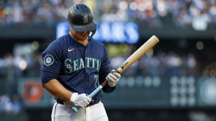 Seattle Mariners first baseman Ty France reacts after striking out against the Baltimore Orioles on July 3 at T-Mobile Park.