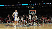 Duke Blue Devils forward Cooper Flagg reacts after their loss to the Houston Cougars in the semifinals of the men's Final Four of the 2025 NCAA Tournament at the Alamodome. 