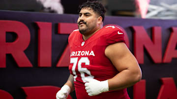 Sep 29, 2024; Glendale, Arizona, USA; Arizona Cardinals guard Will Hernandez (76) against the Washington Commanders at State Farm Stadium. Mandatory Credit: Mark J. Rebilas-Imagn Images