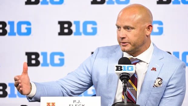 Minnesota Golden Gophers head coach P.J. Fleck speaks to the media during the Big 10 football media day at Lucas Oil Stadium.