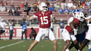Sep 27, 2025; Stanford, California, USA;  Stanford Cardinal quarterback Ben Gulbranson (15) throws the ball during the first quarter against the San Jose State Spartans at Stanford Stadium. Mandatory Credit: Stan Szeto-Imagn Images.