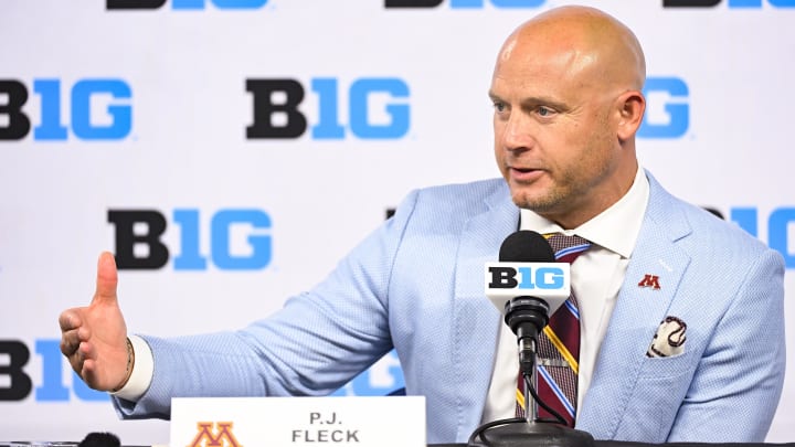 Jul 25, 2024; Indianapolis, IN, USA; Minnesota Golden Gophers head coach P.J. Fleck speaks to the media during the Big 10 football media day at Lucas Oil Stadium. Mandatory Credit: Robert Goddin-USA TODAY Sports