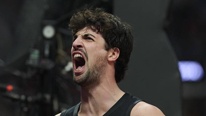 Apr 26, 2026; Portland, Oregon, USA; Portland Trail Blazers forward Deni Avdija (8) reacts after being fouled and scoring a basket during the first half against the San Antonio Spurs during game four of the first round of the 2026 NBA Playoffs at Moda Center. Mandatory Credit: Troy Wayrynen-Imagn Images