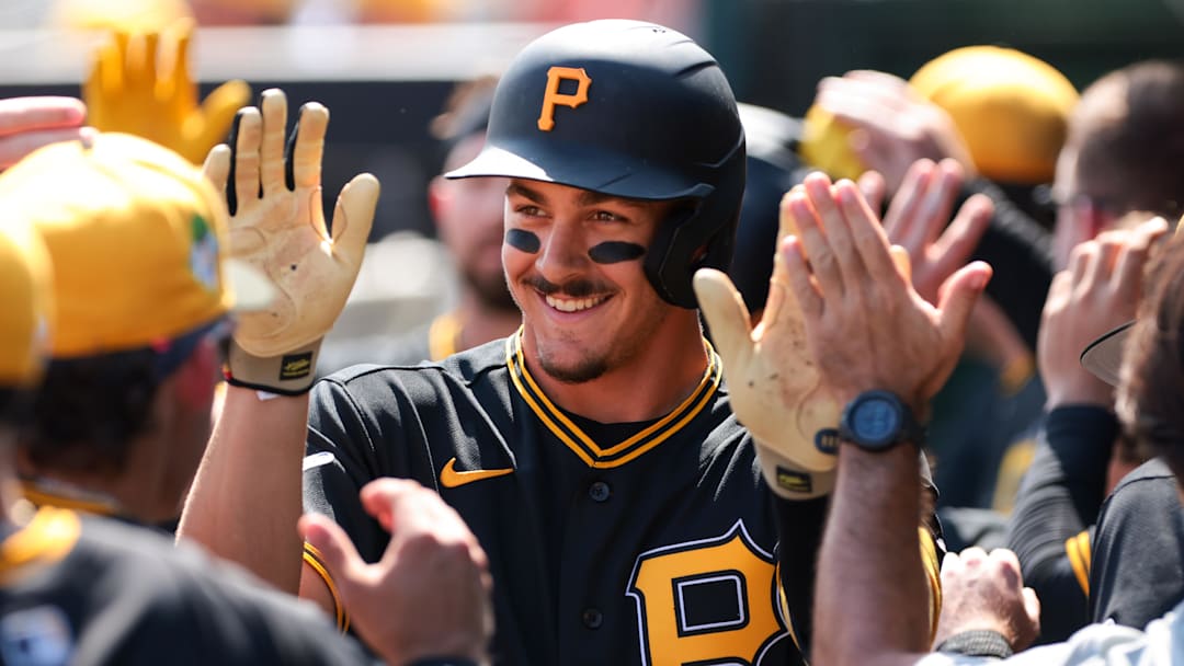 Mar 1, 2026; Jupiter, Florida, USA; Pittsburgh Pirates shortstop Konnor Griffin (75) celebrates after hitting a two-run home run against the St. Louis Cardinals during the first inning at Roger Dean Chevrolet Stadium. Mandatory Credit: Sam Navarro-Imagn Images