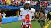 Sep 29, 2024; Inglewood, California, USA;  Kansas City Chiefs wide receiver Rashee Rice (4) leaves the field following the game against the Los Angeles Chargers at SoFi Stadium. Mandatory Credit: Jayne Kamin-Oncea-Imagn Images