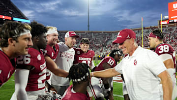 Oklahoma head Brent Venables talks players following the college football game between the University of Oklahoma Sooners and the Illinois State Redbirds at the Gaylord Family Ð Oklahoma Memorial Stadium in Norman, Okla., Saturday, Aug. 30, 2025.