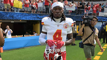 Sep 29, 2024; Inglewood, California, USA;  Kansas City Chiefs wide receiver Rashee Rice (4) leaves the field following the game against the Los Angeles Chargers at SoFi Stadium. Mandatory Credit: Jayne Kamin-Oncea-Imagn Images