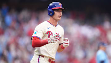 Jun 14, 2025; Philadelphia, Pennsylvania, USA; Philadelphia Phillies outfielder Max Kepler (17) rounds the bases after hitting a home run against the Toronto Blue Jays in the eighth inning at Citizens Bank Park. Mandatory Credit: Kyle Ross-Imagn Images