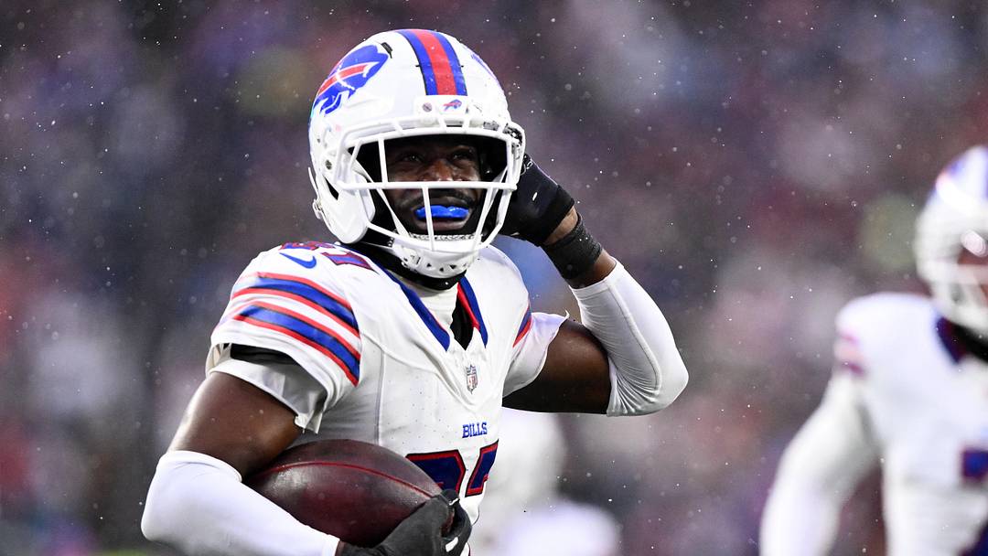 Dec 14, 2025; Foxborough, Massachusetts, USA; Buffalo Bills cornerback Tre'Davious White (27) reacts after intercepting a pass against the New England Patriots during the second half at Gillette Stadium. 