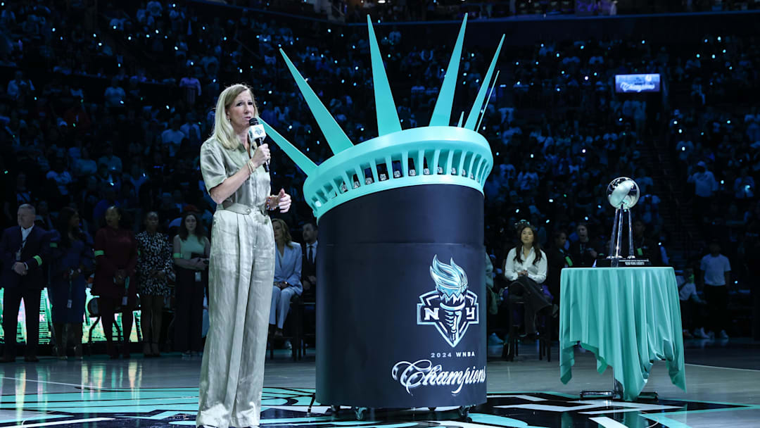 May 17, 2025; Brooklyn, New York, USA;  WNBA Commissioner Cathy Engelbert speaks to the fans prior to the game between the Las Vegas Aces and the New York Liberty at Barclays Center. Mandatory Credit: Wendell Cruz-Imagn Images