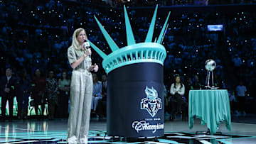 May 17, 2025; Brooklyn, New York, USA;  WNBA Commissioner Cathy Engelbert speaks to the fans prior to the game between the Las Vegas Aces and the New York Liberty at Barclays Center. Mandatory Credit: Wendell Cruz-Imagn Images