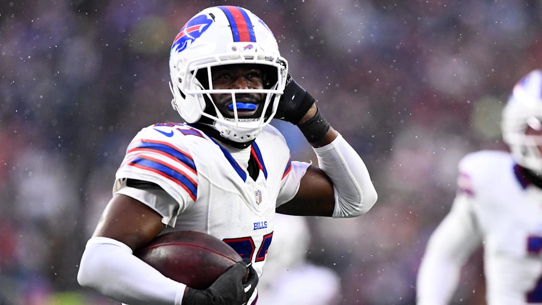 Dec 14, 2025; Foxborough, Massachusetts, USA; Buffalo Bills cornerback Tre'Davious White (27) reacts after intercepting a pass against the New England Patriots during the second half at Gillette Stadium. Mandatory Credit: Brian Fluharty-Imagn Images