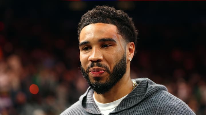 Feb 24, 2026; Phoenix, Arizona, USA; Boston Celtics injured forward Jayson Tatum against the Phoenix Suns in the first half at Mortgage Matchup Center. Mandatory Credit: Mark J. Rebilas-Imagn Images