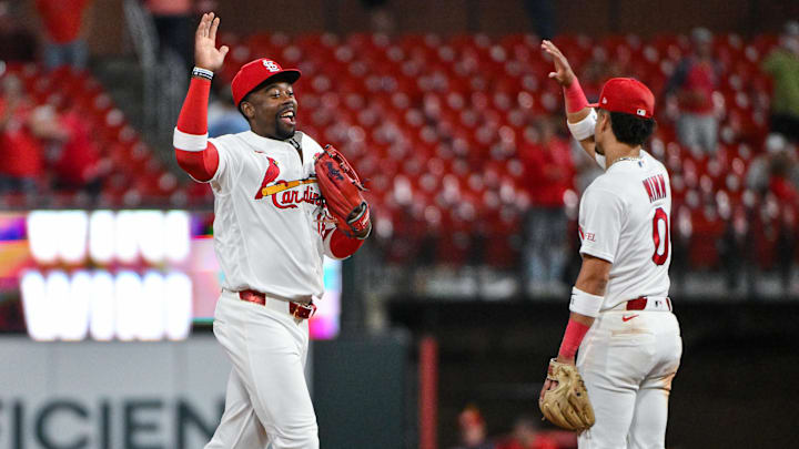 May 4, 2026; St. Louis, Missouri, USA; St. Louis Cardinals right fielder Jordan Walker (18) celebrates with shortstop Masyn Winn (0) after the Cardinals defeated the Milwaukee Brewers at Busch Stadium. Mandatory Credit: Jeff Curry-Imagn Images