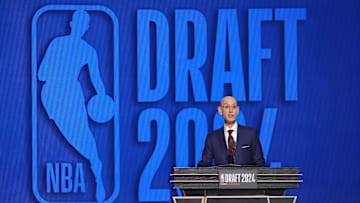 Jun 26, 2024; Brooklyn, NY, USA; NBA commissioner Adam Silver speaks before the first round of the 2024 NBA Draft at Barclays Center. Mandatory Credit: Brad Penner-Imagn Images