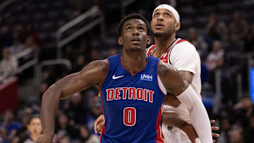 Nov 27, 2023; Detroit, Michigan, USA; Detroit Pistons guard Malcolm Cazalon (20) blocks out