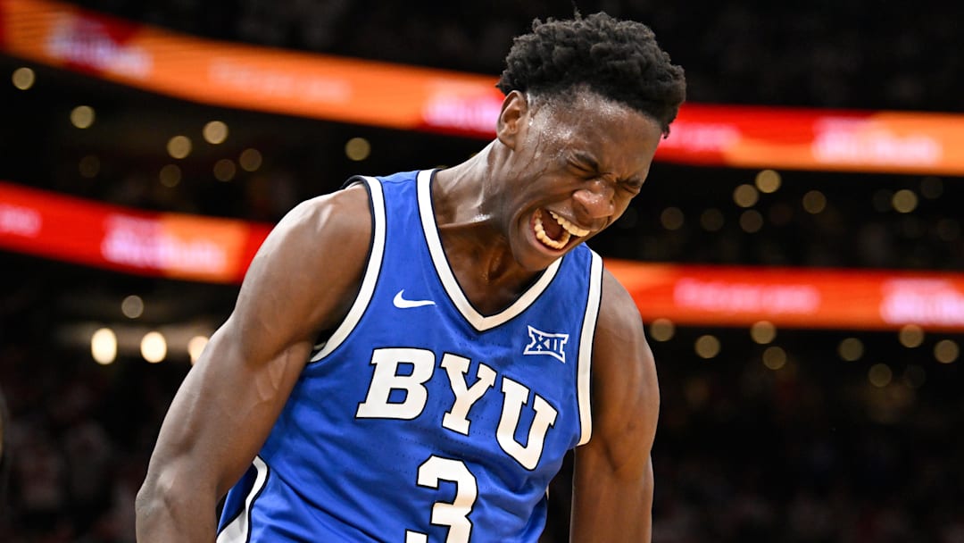 Nov 15, 2025; Boston, Massachusetts, USA; BYU Cougars forward AJ Dybantsa (3) reacts after making a basket against the UConn Huskies during the second half at TD Garden. Mandatory Credit: Eric Canha-Imagn Images
