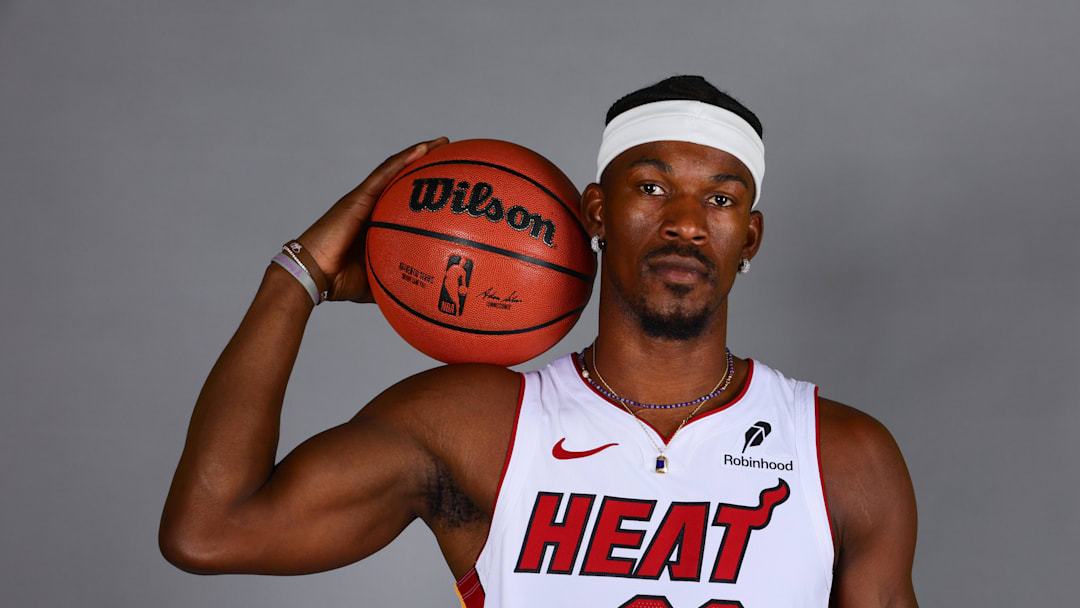Sep 30, 2024; Miami, FL, USA; Miami Heat forward Jimmy Butler (22) poses for a photo during media day at Kaseya Center Mandatory Credit: Sam Navarro-Imagn Images Sep 30, 2024; Miami, FL, USA; Miami Heat forward Jimmy Butler (22) poses for a photo during media day at Kaseya Center Mandatory Credit: Sam Navarro-Imagn Images