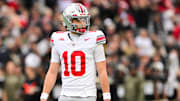 Nov 8, 2025; West Lafayette, Indiana, USA; Ohio State Buckeyes quarterback Julian Sayin (10) looks on during the first quarter against the Purdue Boilermakers at Ross-Ade Stadium. Mandatory Credit: Marc Lebryk-Imagn Images