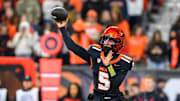 Nov 8, 2025; Corvallis, Oregon, USA; Oregon State Beavers quarterback Gabarri Johnson (5) throws a pass during the second quarter against the Sam Houston Bearkats at Reser Stadium. Mandatory Credit: Craig Strobeck-Imagn Images