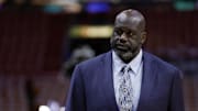 May 23, 2023; Miami, Florida, USA; Shaquille O'Neal looks on before game four between the Miami Heat and the Boston Celtics in the Eastern Conference Finals for the 2023 NBA playoffs at Kaseya Center. Mandatory Credit: Sam Navarro-Imagn Images