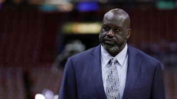 May 23, 2023; Miami, Florida, USA; Shaquille O'Neal looks on before game four between the Miami Heat and the Boston Celtics in the Eastern Conference Finals for the 2023 NBA playoffs at Kaseya Center. Mandatory Credit: Sam Navarro-Imagn Images
