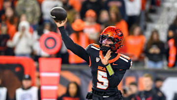 Nov 8, 2025; Corvallis, Oregon, USA; Oregon State Beavers quarterback Gabarri Johnson (5) throws a pass during the second quarter against the Sam Houston Bearkats at Reser Stadium. Mandatory Credit: Craig Strobeck-Imagn Images
