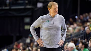 Oregon head coach Dana Altman reacts as the Oregon Ducks host the USC Trojans at Matthew Knight Arena in Eugene, Oregon on Dec. 2, 2025.