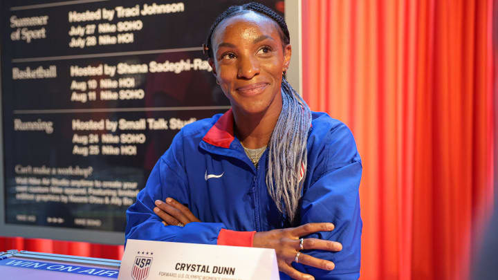 Jul 8, 2024; New York City, New York, USA; US Women's National Team midfielder Crystal Dunn talks to the media during a press conference at Nike House of Innovation NYC.