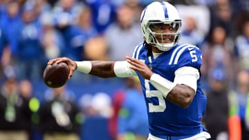 Oct 8, 2023; Indianapolis, Indiana, USA; Indianapolis Colts quarterback Anthony Richardson (5) throws a pass during the first quarter against the Tennessee Titans at Lucas Oil Stadium. Mandatory Credit: Marc Lebryk-USA TODAY Sports