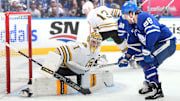 Apr 27, 2024; Toronto, Ontario, CAN; Toronto Maple Leafs right wing William Nylander (88) battles for the puck in front of Boston Bruins goaltender Jeremy Swayman (1) during the third period in game four of the first round of the 2024 Stanley Cup Playoffs at Scotiabank Arena. Mandatory Credit: Nick Turchiaro-USA TODAY 
