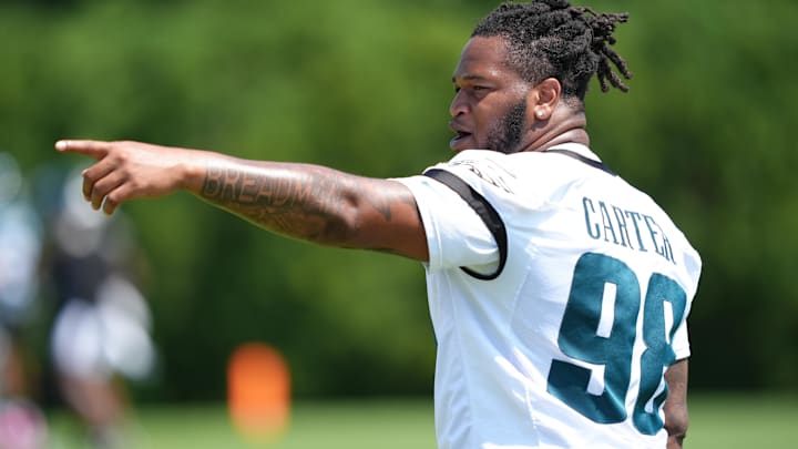 Jul 24, 2025; Philadelphia, PA, USA; Philadelphia Eagles defensive tackle Jalen Carter (98) reacts during training camp at NovaCare Complex.