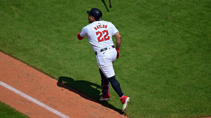 Aug 4, 2024; Cleveland, Ohio, USA; Cleveland Guardians first baseman Josh Naylor (22) tosses his bat after hitting a three-run home run during the fifth inning against the Baltimore Orioles at Progressive Field. Mandatory Credit: David Dermer-USA TODAY Sports