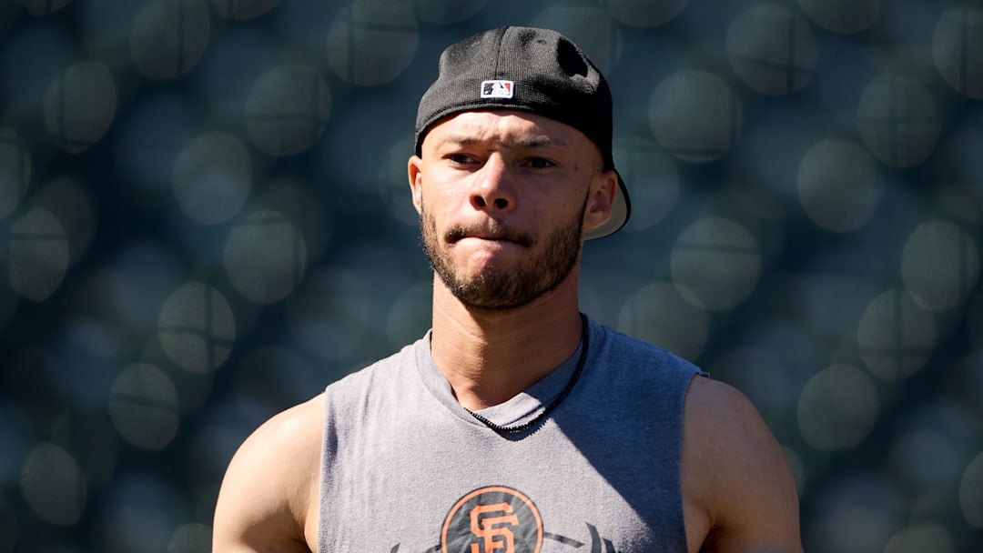 Aug 8, 2025; San Francisco, California, USA; San Francisco Giants center fielder Grant McCray (58) looks on during batting practice before the game between the San Francisco Giants and the Washington Nationals at Oracle Park. Mandatory Credit: Robert Edwards-Imagn Images
