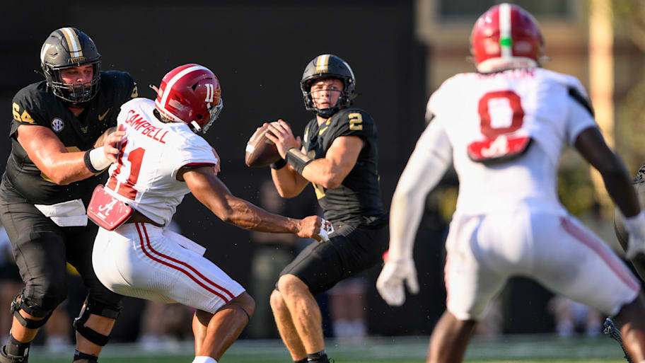 Vanderbilt quarterback Diego Pavia passes the ball against Alabama in 2024.