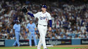 Oct 29, 2025; Los Angeles, California, USA; Los Angeles Dodgers pitcher Blake Snell (7) pitches during the seventh inning against the Toronto Blue Jays during game five of the 2025 MLB World Series at Dodger Stadium. Mandatory Credit: Kiyoshi Mio-Imagn Images