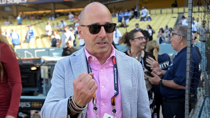 Oct 25, 2024; Los Angeles, California, USA; New York Yankees general manager Brian Cashman before game one against the Los Angeles Dodgers the 2024 MLB World Series at Dodger Stadium. Mandatory Credit: Jayne Kamin-Oncea-Imagn Images