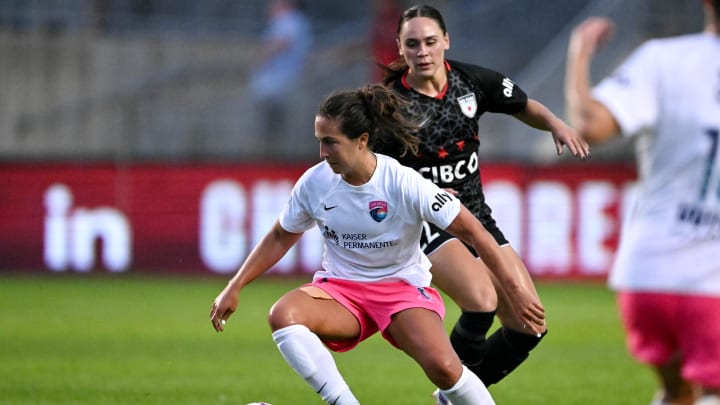 Jul 1, 2023; Bridgeview, Illinois, USA; San Diego Wave FC midfielder Danielle Colaprico (24) controls the ball during the second half against the Chicago Red Stars at SeatGeek Stadium. Mandatory Credit: Daniel Bartel-USA TODAY Sports
