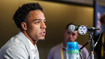 Jul 16, 2025; Atlanta, GA, USA;  Mississippi State Bulldogs wide receiver Brenen Thompson answers questions from the media during the SEC Media Days at Omni Atlanta Hotel. Mandatory Credit: Jordan Godfree-Imagn Images