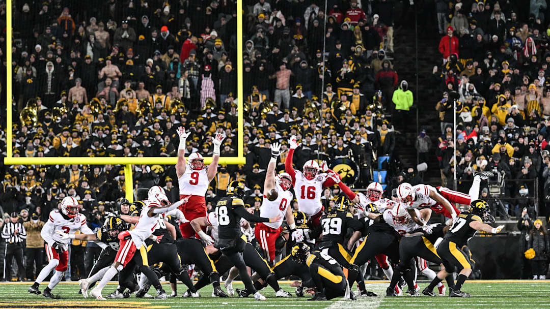 Iowa's Drew Stevens kicks the game-winning 53-yard field goal as time runs out.