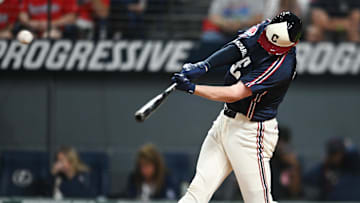 Sep 26, 2025; Cleveland, Ohio, USA; Cleveland Guardians designated hitter Kyle Manzardo (9) hits a home run during the first inning against the Texas Rangers at Progressive Field. Mandatory Credit: Ken Blaze-Imagn Images