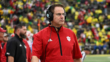 Oct 11, 2025; Eugene, Oregon, USA; Indiana Hoosiers head coach Curt Cignetti watches game play against the Oregon Ducks during the fourth quarter at Autzen Stadium. Mandatory Credit: Troy Wayrynen-Imagn Images