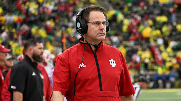 Oct 11, 2025; Eugene, Oregon, USA; Indiana Hoosiers head coach Curt Cignetti watches game play against the Oregon Ducks during the fourth quarter at Autzen Stadium. Mandatory Credit: Troy Wayrynen-Imagn Images