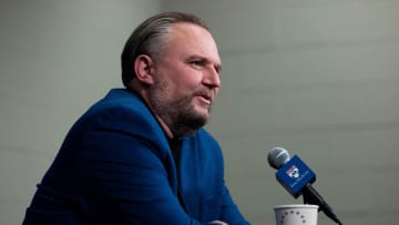 Dec 15, 2023; Philadelphia, Pennsylvania, USA; Philadelphia 76ers resident of Basketball Operations Daryl Morey speaks with the media before a game against the Detroit Pistons at Wells Fargo Center. Mandatory Credit: Bill Streicher-USA TODAY Sports