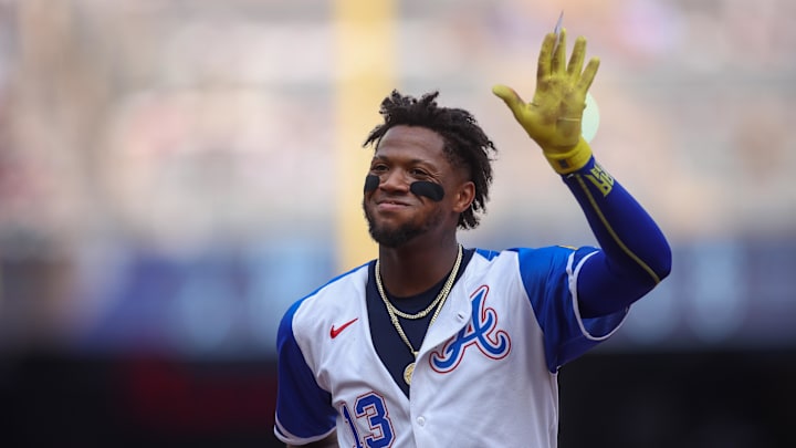 May 31, 2025; Atlanta, Georgia, USA; Atlanta Braves right fielder Ronald Acuna Jr. (13) waves to the crowd against the Boston Red Sox in the sixth inning at Truist Park. Mandatory Credit: Brett Davis-Imagn Images
