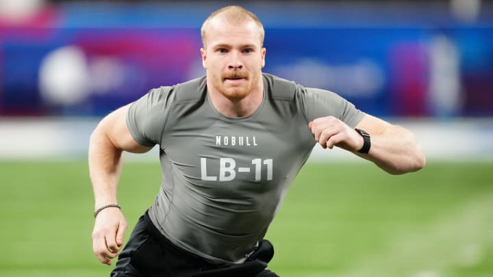 Feb 29, 2024; Indianapolis, IN, USA; Ohio State linebacker Tommy Eichenberg (LB11) works out during the 2024 NFL Combine at Lucas Oil Stadium. Mandatory Credit: Kirby Lee-USA TODAY Sports