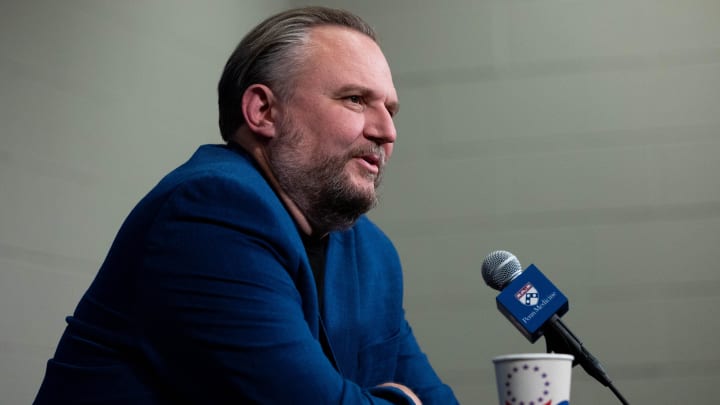 Dec 15, 2023; Philadelphia, Pennsylvania, USA; Philadelphia 76ers resident of Basketball Operations Daryl Morey speaks with the media before a game against the Detroit Pistons at Wells Fargo Center.